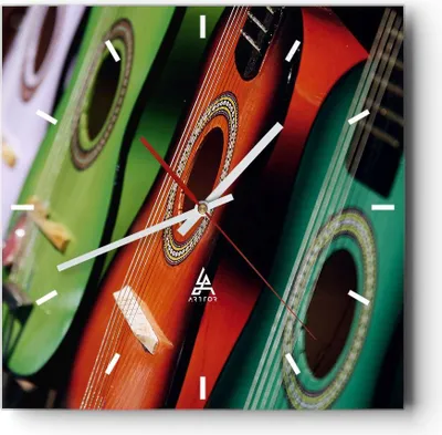 Produktbild von Wanduhr - Quadrat - Glasuhr - Gitarre Musik Instrument - 40x40cm - Schleichendes Uhrwerk - Lautlos - zum Aufhängen bereit - Dekoration Modern - Wanddekoration aus Glas - C3AC40x40-2113