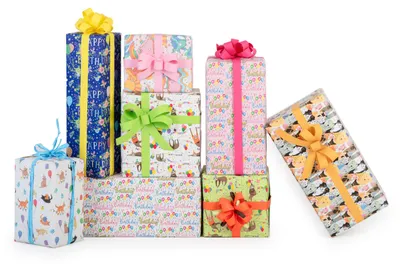 Produktbild von Geschenkpapier Hunde mit Partyhüten Motiv 70cm x 2m Rolle Bunt
