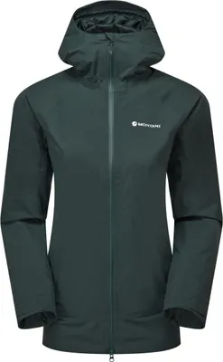 Dunkelgrüne Hardshelljacke für Damen; Duality Lite Jacket von Montane; mit Kapuze und Reißverschluss.