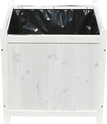 A white wooden planter box with a black liner.