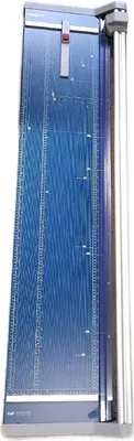 A top-down view of a blue paper trimmer on a white background.