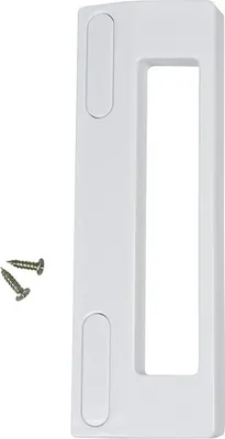 A white plastic mounting bracket with two screws isolated on a white background.