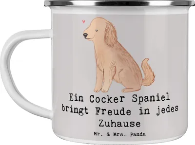 Produktbild von Mr. & Mrs. Panda Pott Cocker Spaniel Freude - Grau Pastell - Geschenk, Blechtasse, Abenteuer, Emailletasse, Hunderassen Beschreibung, loyal, Emaille Tasse, Haferl