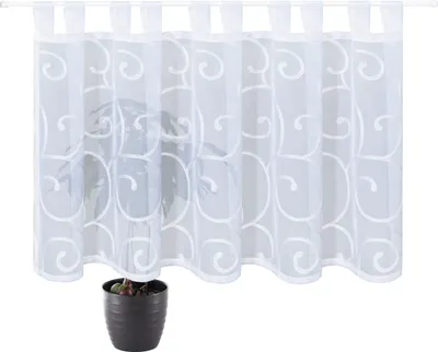 Produktbild von Scheibengardine "Paris" halbtransparent in weiß mit eleganten Muster und Schlaufen, Bistrogardine 150cm x 50cm
