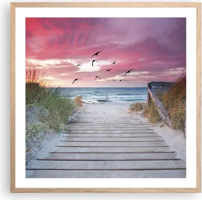 Produktbild von Gerahmtes Poster - Rahmen in heller Eiche - Strand Sand Vögel - 60x60 cm - Wand Bild - Wanddeko - Wandbilder - Kunstposter - Wandposter - Bilderrahmen - Bilder - Kunstdruck - P2NAC60x60-4994