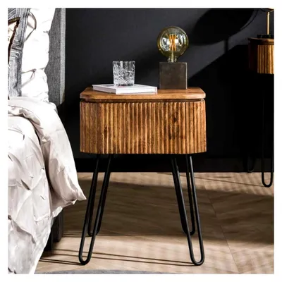 Produktbild von Nachttisch aus Massivholz mit Ablage und Schublade, Mangoholz im Vintage-Stil, Holz und Metall