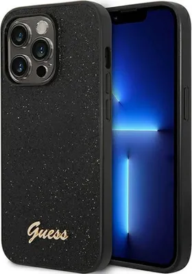 A black glitter phone case with a gold 'Guess' logo is shown next to a smartphone.