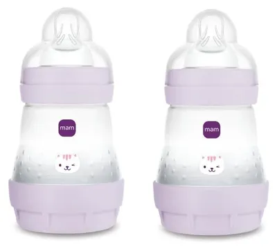 Produktbild von MAM Easy Start Babyflasche, 160 ml (2er-Set), Set mit 2 Anti-Kolik-Flaschen für gemischtes Stillen, reduziert Luftblasen und Koliken, Babyzubehör mit Sauger Größe 1, Lila – Rosa (hell), Größe 2 stück