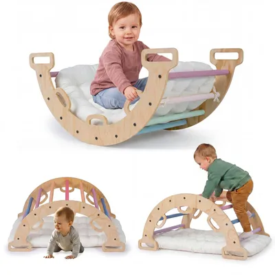 Immagine prodotto di COSTWAY - Struttura a forma di arco in legno con cuscini, altalena-arrampicata Montessori, triangolo per arrampicata, altalena ad arco, arcobaleno, struttura per arrampicata da interno per bambini dai 3 anni in su, 81 x 48,5 x 38,5 cm