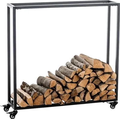 A black metal firewood rack filled with logs, shown against a white background.