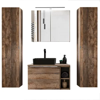 Produktbild von Badmöbel Set in Vintage Oak Eiche PUEBLA-56 80cm Waschtischunterschrank mit 2 Keramik-Waschbecken, LED-Spiegelschrank & 2 Hochschränke B/H/T 190/200/46 cm