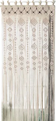 A macrame curtain hanging in a doorway or window.