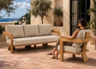 Produktbild von Gartenlounge Set 3-Sitzer Sofa Sessel Beige Kissen Modern