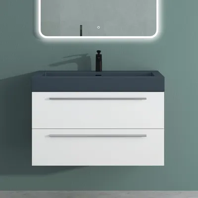 Produktbild von Mai & Mai Badmöbelset Komplett Set Waschbeckenunterschrank 90cm Unterschrank in matt weiß mit Waschschbecken aus Mineralguss Quadratto