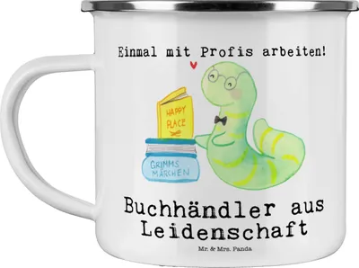 Produktbild von Mr. & Mrs. Panda Emaille Tasse Buchhändler Leidenschaft - Weiß - Geschenk, Spruch, Beruf, Buchhandlung, Lustig, Kaffeepott, Teetasse, Haferl, Pott, Motivtasse