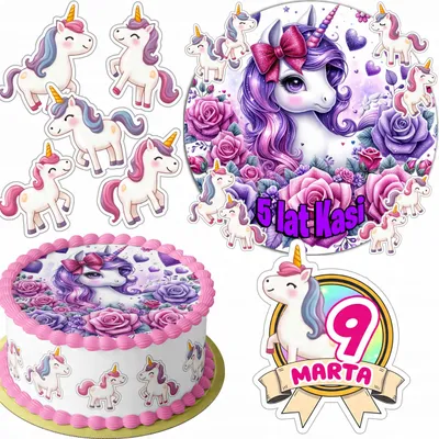 Obrázek produktu pro Zestaw Opłatek Na Tort 20Cm + 16 Postaci - Jednorożec + Imię 15Cm 18Cm