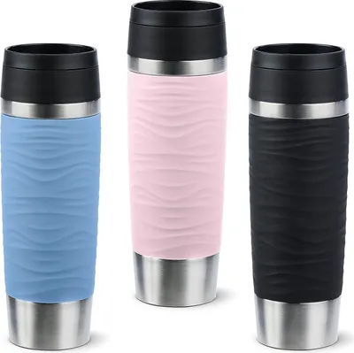 Three insulated travel mugs in different colors (blue, pink, and black) are displayed side-by-side against a white background.