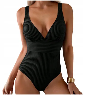 Produktbild von Badeanzug Damen Bauchweg - Schwarz Gerippt - V-Ausschnitt - Rückenfrei - XL 42