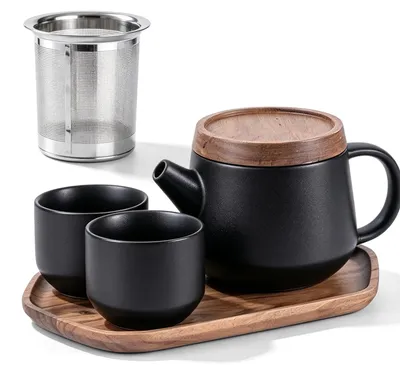 Keramik-Teekannen-Set 0,6 l mit 2 Tassen & Tablett, schwarz