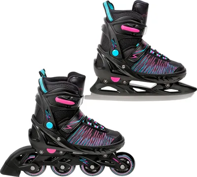 Two roller skates and ice skates shown side-by-side against a white background.