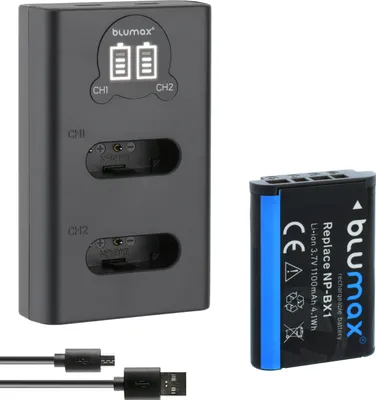 Produktbild von 1x Akku + LCD Lader für Sony NP-BX1 RX100 III IV V VI VII HX90V HX400V 1100 mAh