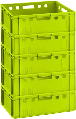 A stack of five identical green plastic crates.