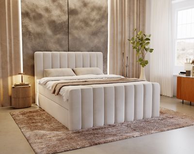 MYSEN Boxspringbett 180x200 Magic Plus mit Bettkästen mit Matratze (14 cm) mit Topper (4 cm) Komplett-Set Polsterbett Bonell H3 Beige