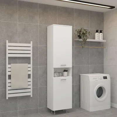 Imagen del producto de Armario alto para baño de la marca haaus, con cesto para ropa, color blanco, dimensiones 45 x 32 x 188 cm