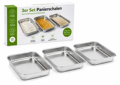 Produktbild von Panierschalen Edelstahl 3er Set 22 x 14,5 cm rostfrei stapelbar, KI-generiertes Bild