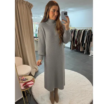 Produktbild von Strickkleider Damen "Jana" Dunkelgrau, Onesize (XS-XL) Traumhaftes, langes Langarm Strickkleid, für frauen Strick kleid, Damenkleid, Maxi Kleid