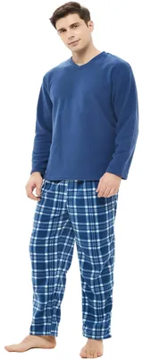 Imagen del producto de Conjunto de pijama de forro polar para hombre: parte superior con cuello en V y pantalón a cuadros, color azul