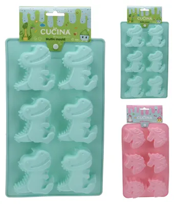 A collage of silicone muffin molds in dinosaur and unicorn shapes.