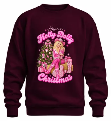 Immagine prodotto di Felpa con cappuccio a tema natalizio "Holly Dolly Christmas" in stile country, colore bordeaux, taglia XL