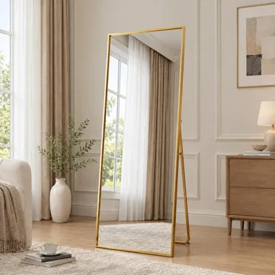 Obrázok produktu pre INONEFT Zrkadlo s vysokým rozlíšením, celotělové, 150 x 40 cm, obdĺžnikové kozmetické zrkadlo s rámom z hliníkovej zliatiny a kovovým stojanom, zlatá farba, Obrázok generovaný UI