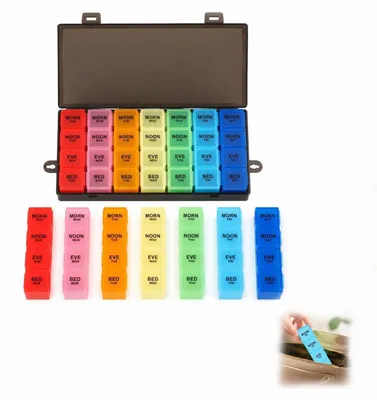 Zdjęcie produktu dla Pojemnik na tabletki na cały tydzień, z 28 przegródkami, wykonany z materiału wolnego od BPA, wymiary: 20,5 x 11,7 x 3 cm