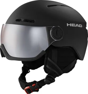 A black ski helmet with a silver visor, shown from a three-quarter front angle against a white background.