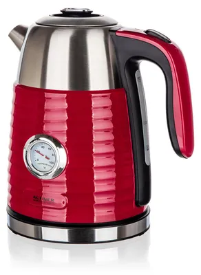 A red electric kettle with a silver top and a built-in thermometer.