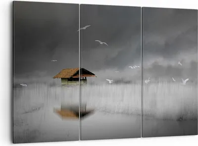 Produktbild von Bild auf Leinwand - Leinwandbild - 3 Teile - Hütte Nebel Sumpf - 105x70cm - Wand Bild - Wanddeko - Wandbilder - Leinwanddruck - Bilder - Wanddekoration - Leinwand bilder - Wandbild - CE105x70-4896