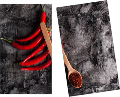 Produktbild von Spritzschutz Herdabdeckplatte Schneidebrett aus Glas Chilischoten und Löffel 2-Teilig (60x52cm)