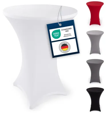 Produktbild von Dehnbare Tischdecken für Stehtische, knitterfrei – -e Tischdecken für Stehtische Ø 70–75 cm – verstärkter Fußbereich – maschinenwaschbar – weiß