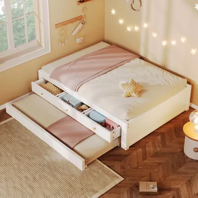 Produktbild von STILVORA Holzbett 90 x 200 cm mit 3 Schubladen, Kinderbett mit ausziehbarem Gästebett, Einzelbett aus Holz