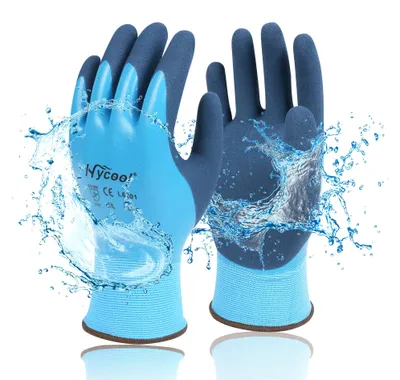 Produktbild von Arbeitshandschuhe für Damen und Herren – Wasserdichte Gartenhandschuhe mit Schaumlatex- und Gummibeschichtung (3 Paar – blau), Größe 7/S