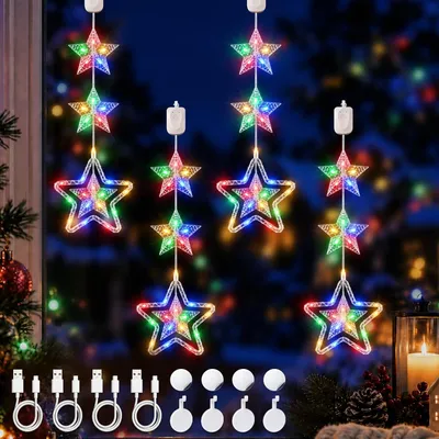 Productafbeelding van LED-kerstster raamverlichting - Set van 4 - Oplaadbaar - Meerkleurig