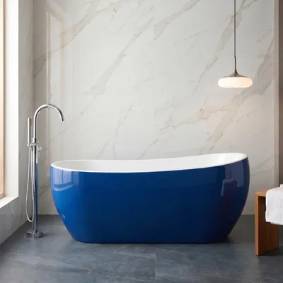 Produktbild von Freistehende Badewanne Modern 170 cm Blau-Weiß Komposit Ohne Füße — Moderne Badewanne Melania Königsblau Außen Weiß Innen Bodenstehend