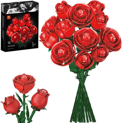 Produktbild von Rosen Bausatz 12er Set – Rote Kunstblumen Klemmbausteine Geschenk