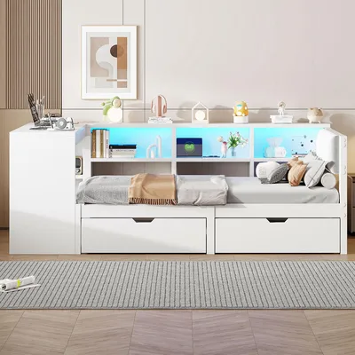 A white bed frame with integrated storage, shelving, and a desk area, illuminated by blue LED lights.
