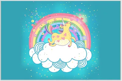 Produktbild von Wallario Wandbild Lustiges Einhorn auf einer Wolke vor Regenbogen, Größe: 61 x 91,50 cm, Poster mit weißem Aluminiumrahmen