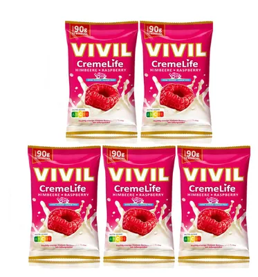 Image de Bonbons fruités Vivil Creme Life Framboise sans sucre 90g, paquet de 5