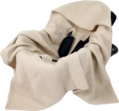 Produktbild von Babylux Musselin Einschlagdecke mit Kapuze – 90x90 cm – Sommer Babydecke für Autositz & Babyschale – 100% Baumwolle – Atmungsaktiv & Leicht - Beige