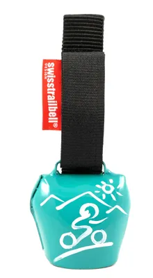 Produktbild von swisstrailbell® fresh Colour: Türkis mit weißem Mountainbiker, schwarzes Band, Fahrradklingel, Trailbell, Signalglocke